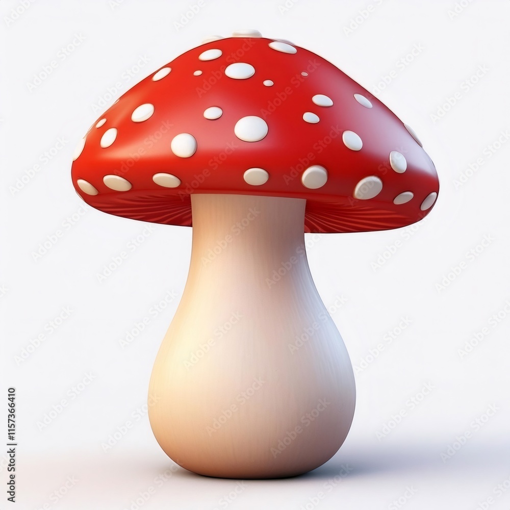 Cartoon mushroom with red spotted cap rendered in 3D, positioned on pristine white surface Cartoon mushroom with red spotted cap rendered in 3D, positioned on pristine white surface