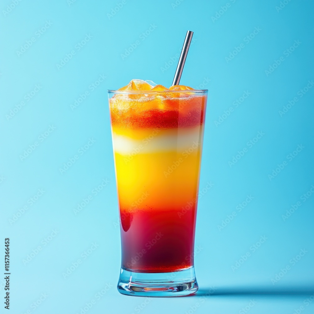 Layered vibrant orange, yellow, and red beverage in a tall glass with a metal straw against a light blue background. Layered vibrant orange, yellow, and red beverage in a tall glass with a metal straw against a light blue background.