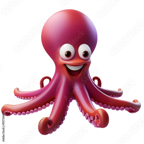 3D cartoon octopus smiling and showing tentacles, isolated on white background, full depth of field photo