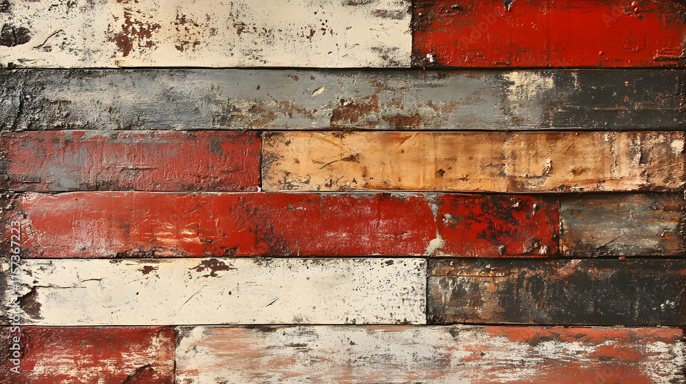 Naklejka premium rustic background featuring textured wooden planks with distressed paint in red, white, gray, and brown tones, showcasing weathered and vintage aesthetic