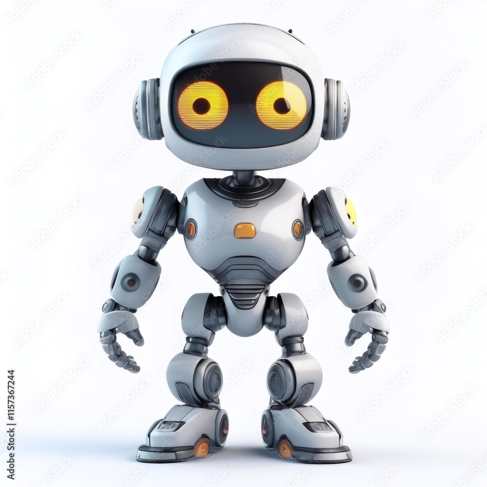 3D cartoon robot standing against a clean white background, showcasing a friendly and futuristic design with full depth of field 3D cartoon robot standing against a clean white background, showcasing a friendly and futuristic design with full depth of field