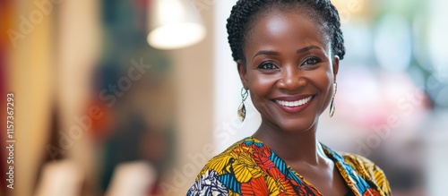 Smiling middle aged African female call center representative with colorful attire in vibrant workspace ready for customer engagement