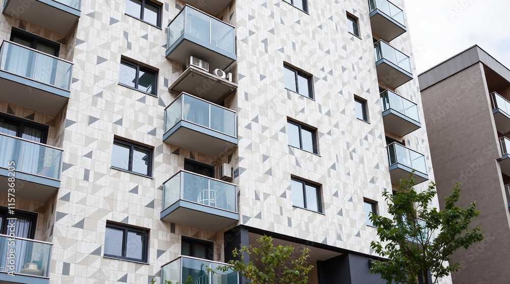 Multi-Story Apartment Building with Balconies and Geometric Facade Multi-Story Apartment Building with Balconies and Geometric Facade