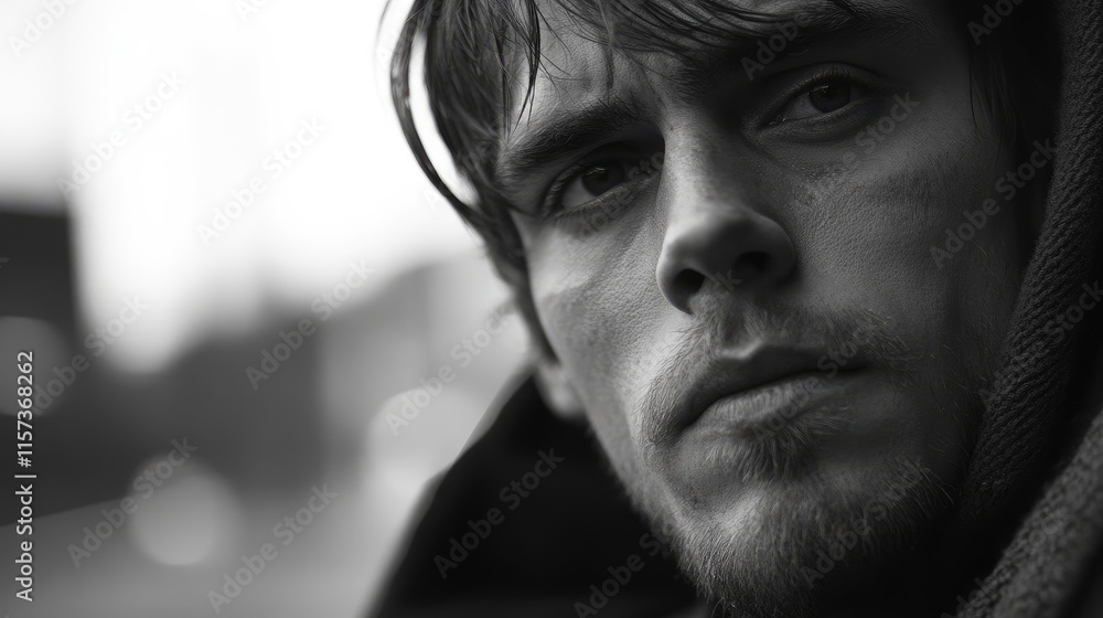 Portrait of a contemplative young man with unkempt hair and a deep expression symbolizing resilience and hardship in black and white. Portrait of a contemplative young man with unkempt hair and a deep expression symbolizing resilience and hardship in black and white.