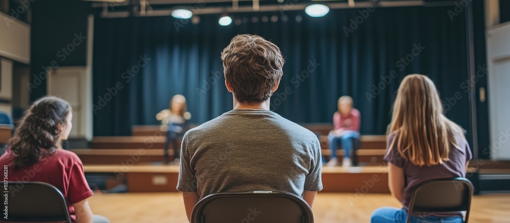 High school students practicing drama on stage with empty text space for promotional or educational use in theater arts applications