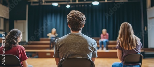 High school students practicing drama on stage with empty text space for promotional or educational use in theater arts applications photo