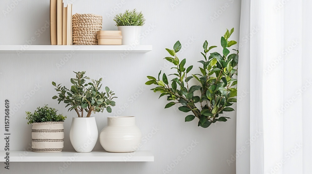 White shelves with plants, books, and decor. White shelves with plants, books, and decor.
