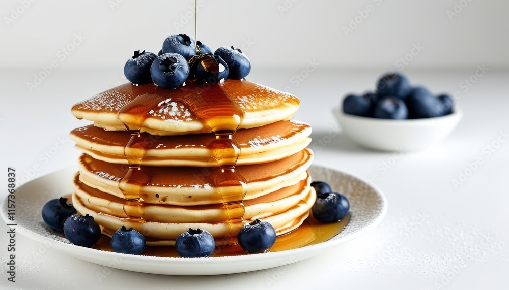 Fluffy Pancakes Drizzled with Maple Syrup and Topped with Fresh Blueberries on a Plate Fluffy Pancakes Drizzled with Maple Syrup and Topped with Fresh Blueberries on a Plate