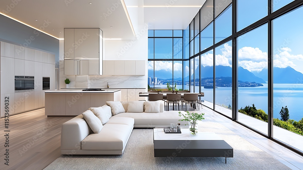 Fototapeta premium A brightly lit, modern interior with large windows overlooking a lake. 