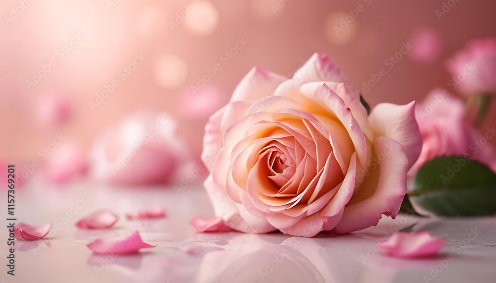 A Single Pink Rose with Scattered Petals