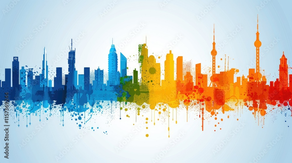 Naklejka premium Colorful cityscape skyline silhouette with paint splatter design.
