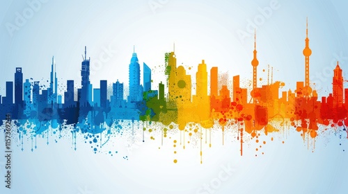 Colorful cityscape skyline silhouette with paint splatter design.