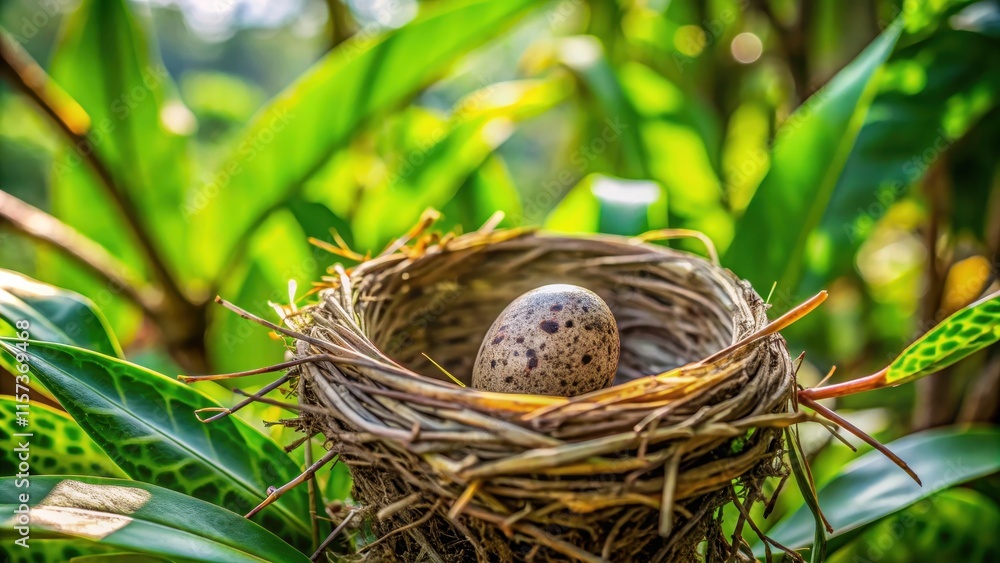 Close up of a spotted Dove egg in its nest in a tropical garden setting in Malaysia, spotted Dove, egg, nest, close up, garden Close up of a spotted Dove egg in its nest in a tropical garden setting in Malaysia, spotted Dove, egg, nest, close up, garden