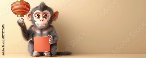 A cute cartoon monkey holds a lantern and a blank card, set against a plain background, evoking themes of celebration and creativity. photo