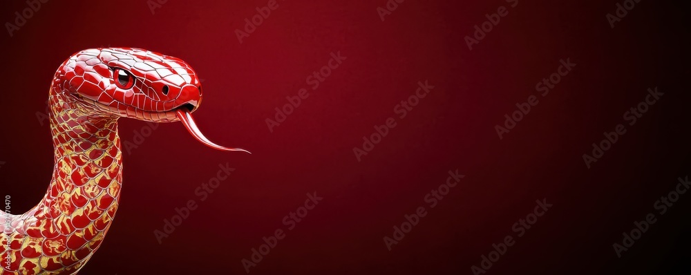 Obraz premium A vibrant, close-up image of a snake with distinctive patterns, set against a striking red background, emphasizing its tongue and texture.