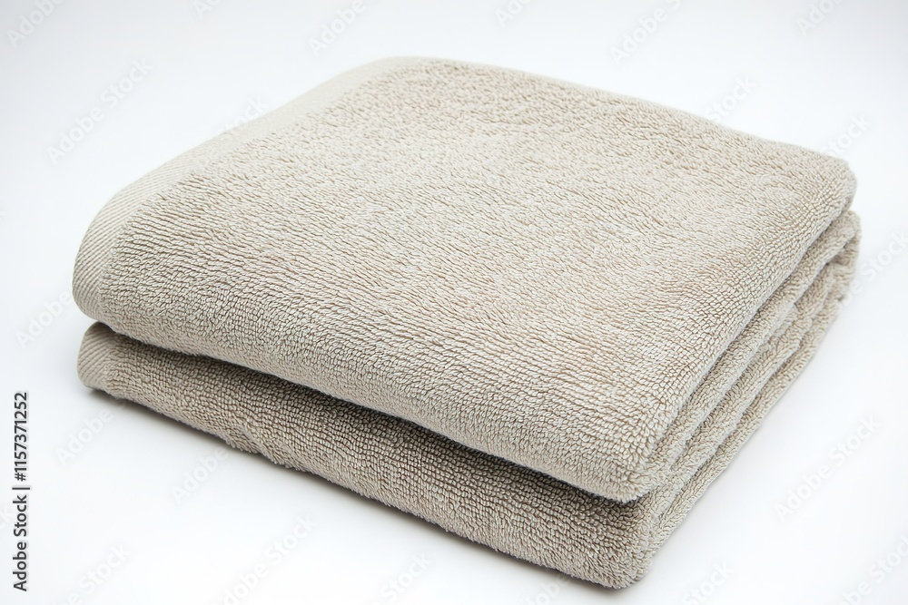 neatly folded bath towel in soft beige isolated on white background