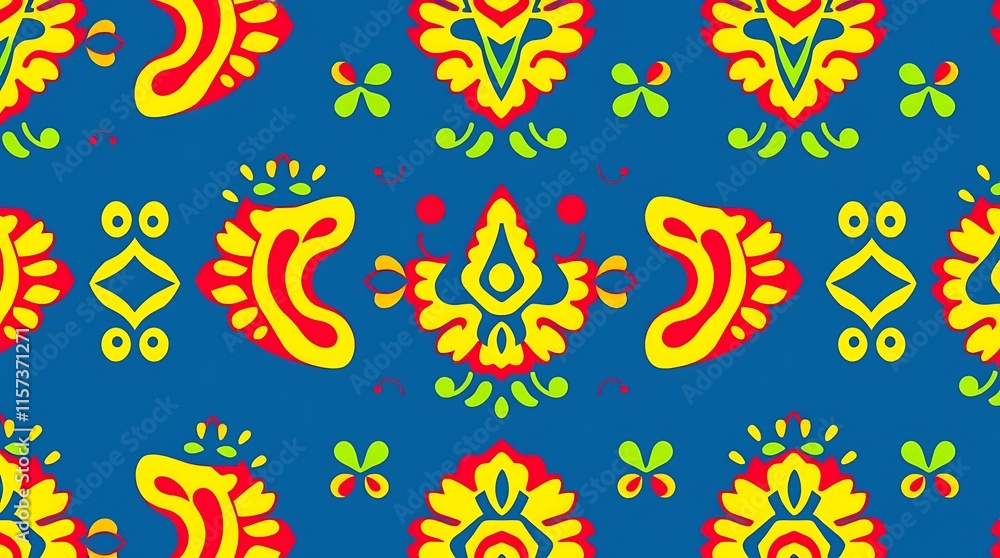 Vibrant Floral Damask Pattern: A captivating seamless textile design featuring a rich blue background adorned with bold, stylized floral motifs in yellow, red, and green. Ideal for fashion. Vibrant Floral Damask Pattern: A captivating seamless textile design featuring a rich blue background adorned with bold, stylized floral motifs in yellow, red, and green. Ideal for fashion.