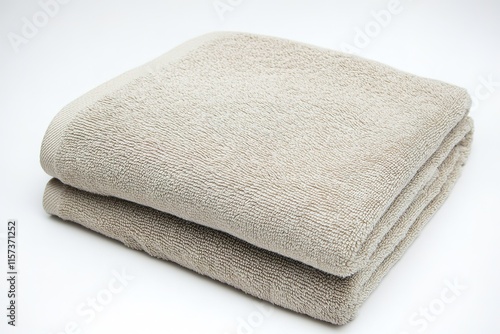 neatly folded bath towel in soft beige isolated on white background