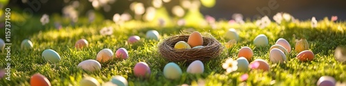 playful arrangement of easter eggs scattered on fresh green grass with small nest centerpiece photo