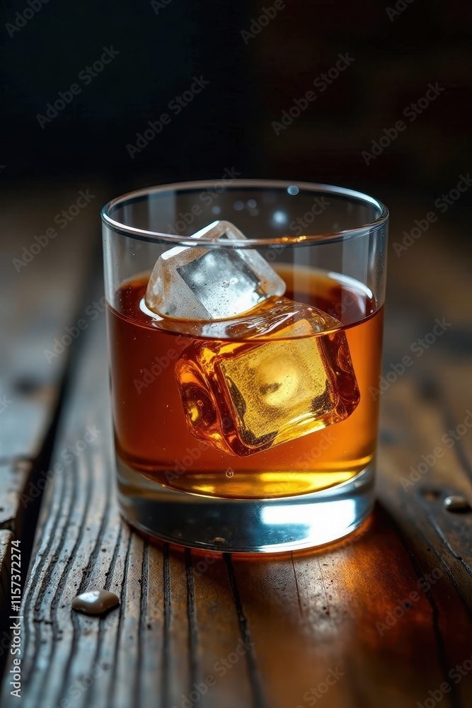 Amber whiskey, ice cubes, dark wood background, cold, still life, texture Amber whiskey, ice cubes, dark wood background, cold, still life, texture