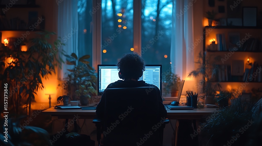 Person working late at night on computer screen Person working late at night on computer screen