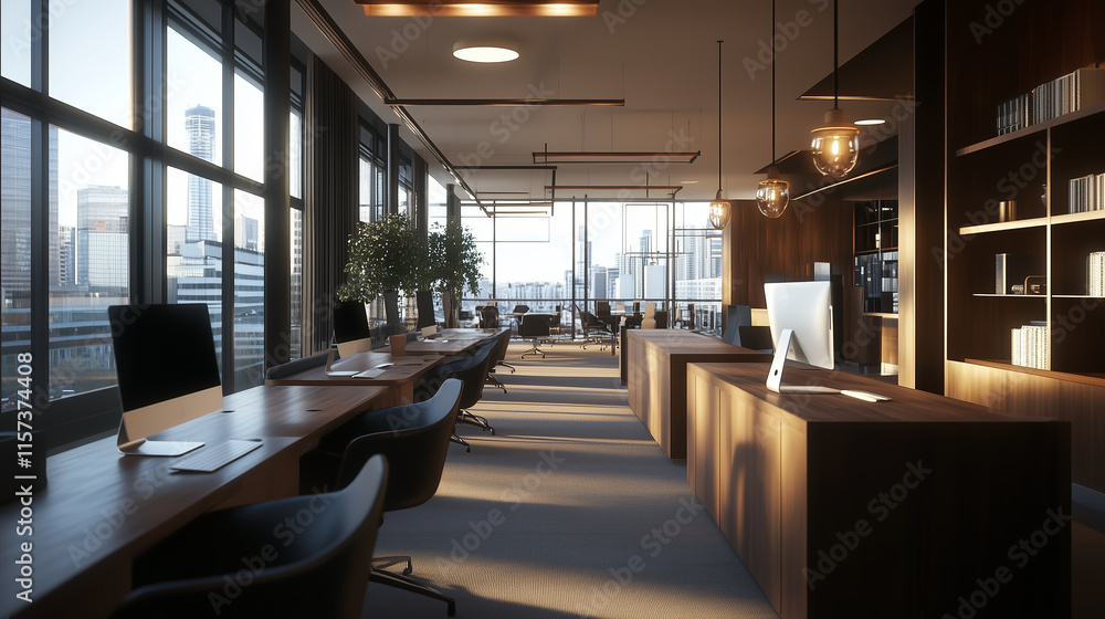Modern office interior with large windows and city skyline view during daytime Modern office interior with large windows and city skyline view during daytime