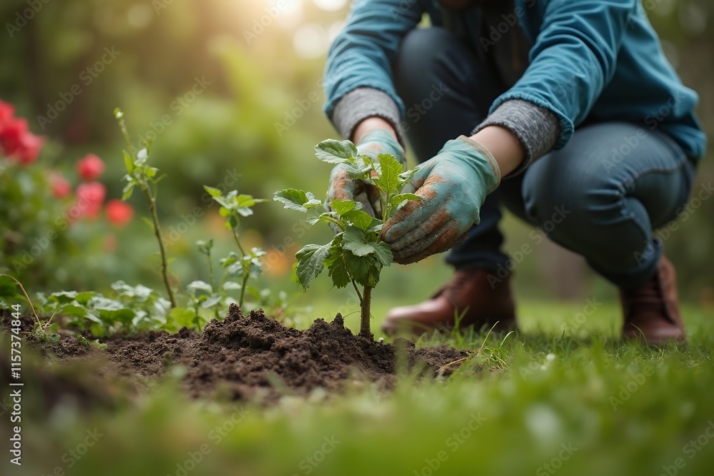 Person Planting Fresh Herbs in a Lush Garden Person Planting Fresh Herbs in a Lush Garden