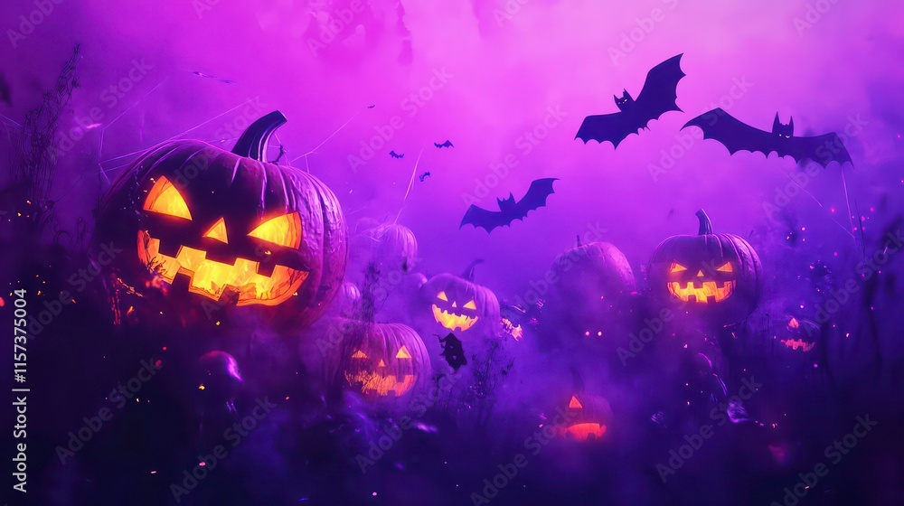 Fototapeta premium Spooky Halloween scene with carved pumpkins and bats in a purple field at night.