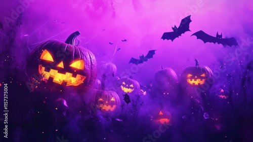 Spooky Halloween scene with carved pumpkins and bats in a purple field at night. photo