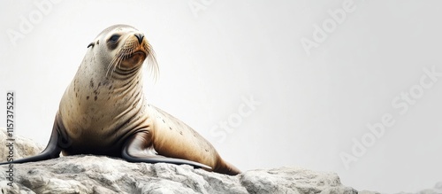 Male sea lion resting on rocky beach with natural background and empty space for text ideal for advertisements or promotions photo