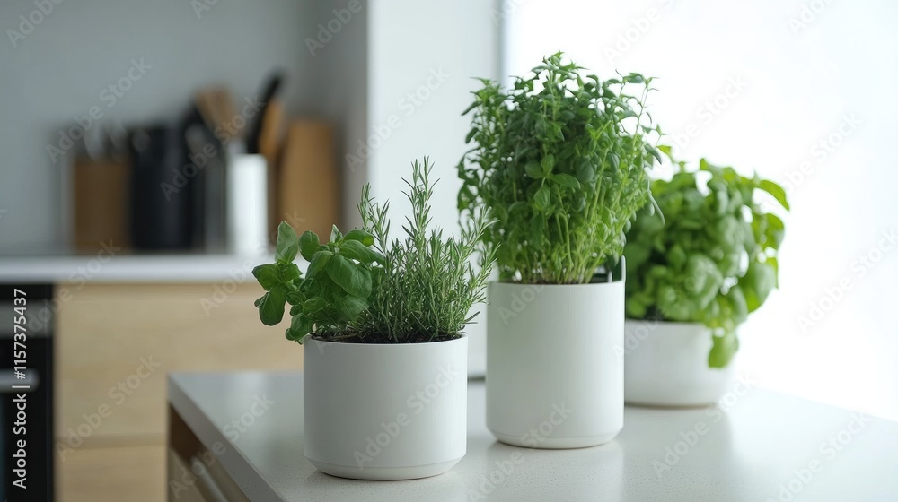 Scandinavian Style Minimalist Kitchen Featuring Fresh Green Herbs in Modern Pots on Bright Countertop Scandinavian Style Minimalist Kitchen Featuring Fresh Green Herbs in Modern Pots on Bright Countertop