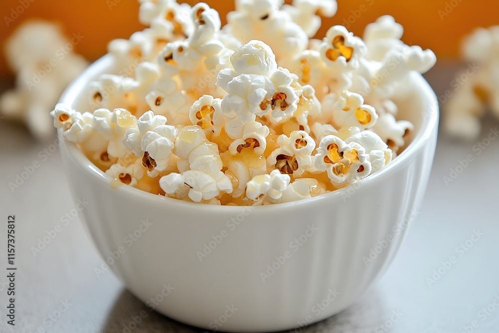 single serving of popcorn with visible butter topping displayed on white ceramic bowl under soft natural light single serving of popcorn with visible butter topping displayed on white ceramic bowl under soft natural light