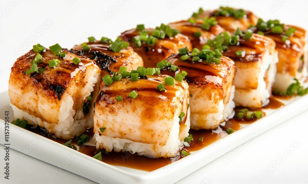 A plate of sushi topped with sauce and green onions. A plate of sushi topped with sauce and green onions.