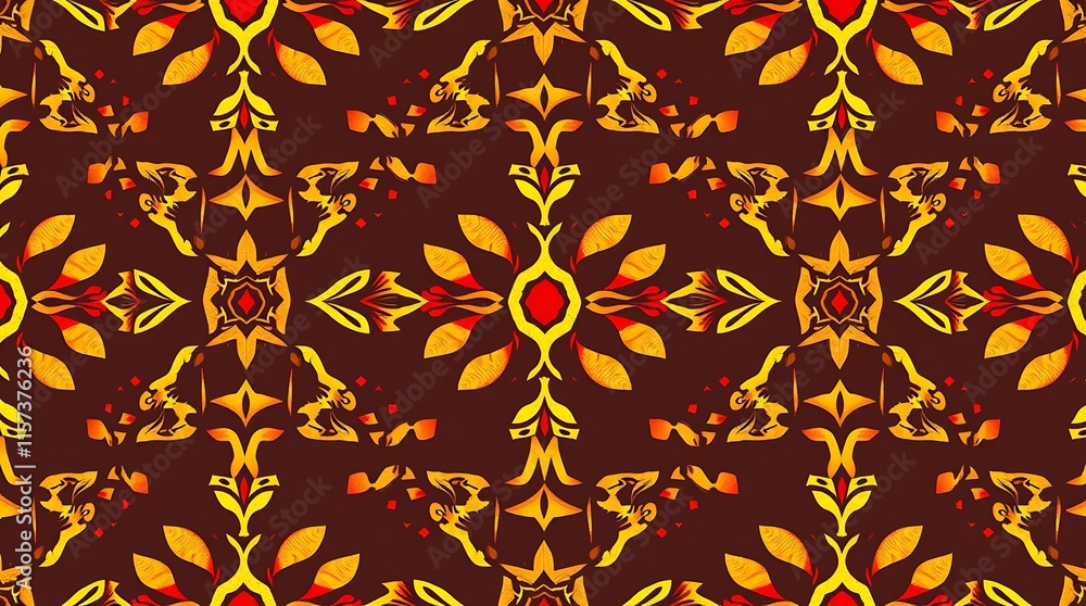 Intricate Floral Pattern: A seamless, vibrant pattern featuring intricate floral motifs in warm hues of red, orange, and yellow against a rich brown background. Perfect for textile, wallpaper. Intricate Floral Pattern: A seamless, vibrant pattern featuring intricate floral motifs in warm hues of red, orange, and yellow against a rich brown background. Perfect for textile, wallpaper.