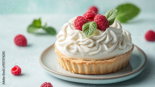 Wallpaper Mural Delicious raspberry cream tart on a pastel plate with fresh raspberries and mint leaves on a soft background. Perfect for dessert imagery. Torontodigital.ca