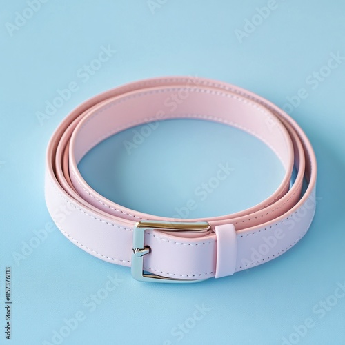 Pink leather belt coiled on light blue background. photo