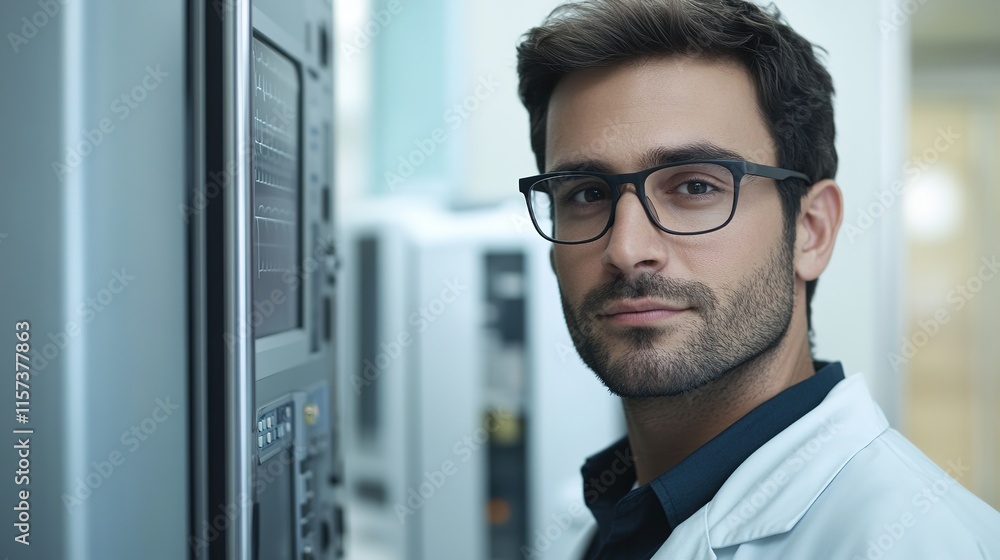 portrait of male radiologist wearing glasses and standing next to radiology machine with copy space portrait of male radiologist wearing glasses and standing next to radiology machine with copy space