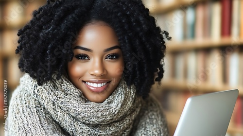 Beautiful Black Woman Smiling With Tablet In Library