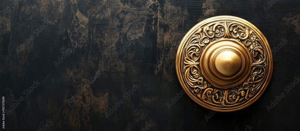 Naklejka premium Elegant Gold Door Knob Featuring Intricate Floral Design on Dark Textured Background with Space for Customizable Text or Branding
