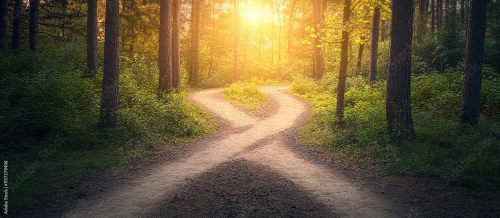 Obraz premium Diverging forest path at dusk with soft sunlight casting shadows creating a serene atmosphere ideal for inspirational or reflective themes