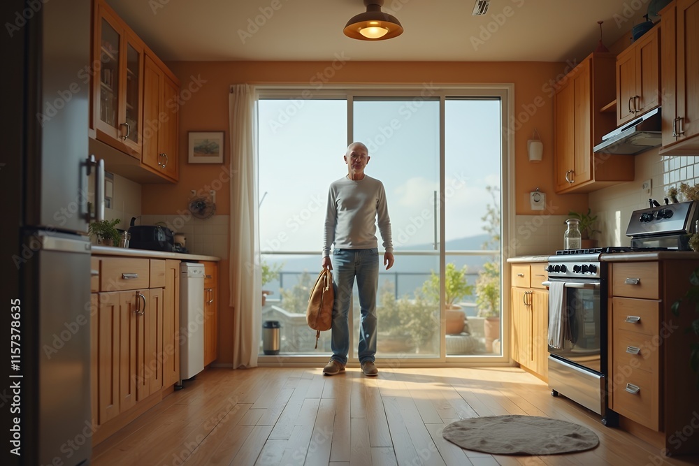 Elderly Man in Cozy Kitchen Holding Bag and Looking Outside Elderly Man in Cozy Kitchen Holding Bag and Looking Outside
