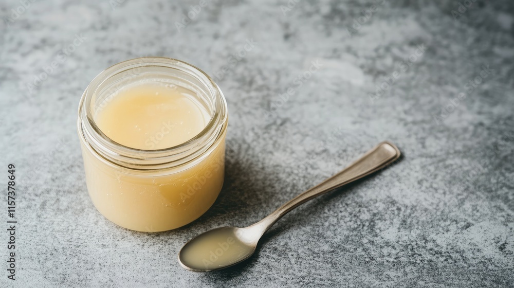 Open jar of syrup with silver spoon on rustic gray surface displaying texture and simplicity in food photography. Open jar of syrup with silver spoon on rustic gray surface displaying texture and simplicity in food photography.