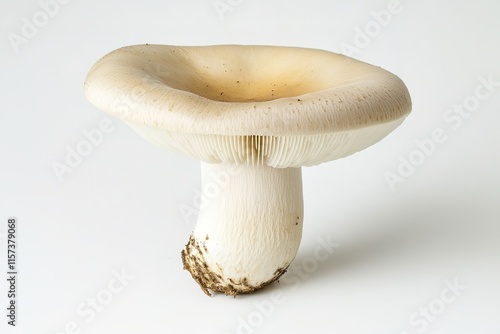 fresh mushroom with smooth white cap and short stem isolated on crisp white background photo