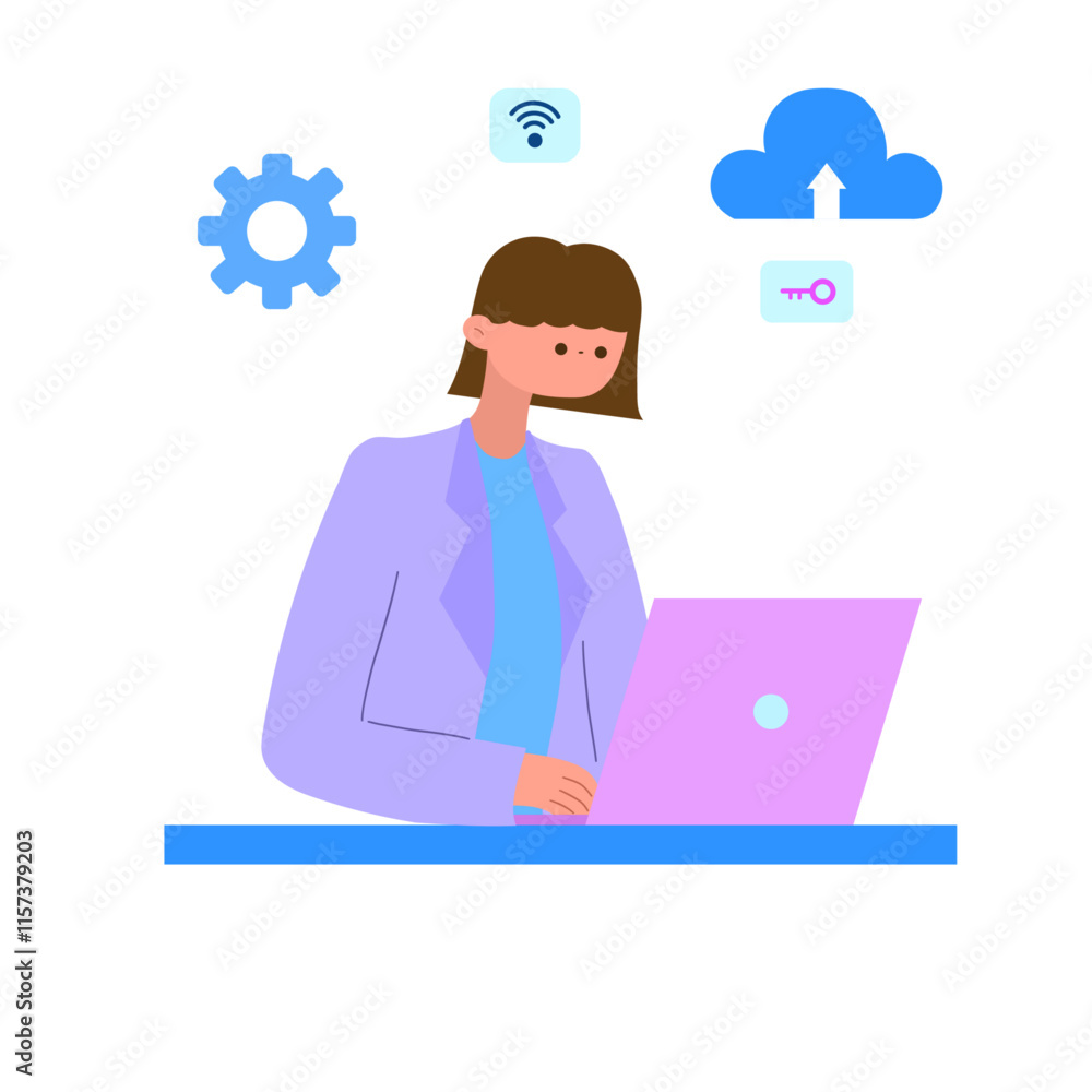 businesswoman working on laptop with cloud computing, security, and network connection icons flat vector illustration businesswoman working on laptop with cloud computing, security, and network connection icons flat vector illustration