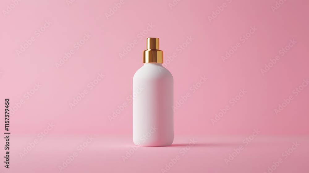 Minimalist white shampoo bottle with gold cap positioned against a soft pink background showcasing modern hair care packaging design Minimalist white shampoo bottle with gold cap positioned against a soft pink background showcasing modern hair care packaging design