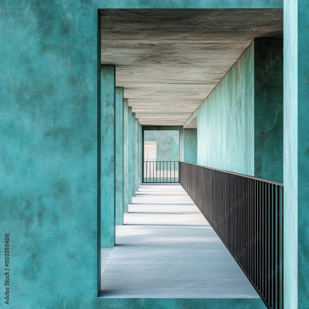 Teal-walled corridor with metal railing and receding perspective. Teal-walled corridor with metal railing and receding perspective.