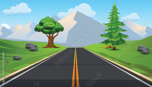 Road To City. Straight empty road through the meadow. Summer landscape vector illustration.