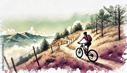 Scenic view from a mountain biking route, Mountain Biking female athlete in watercolour painting in minimalist white background, photo