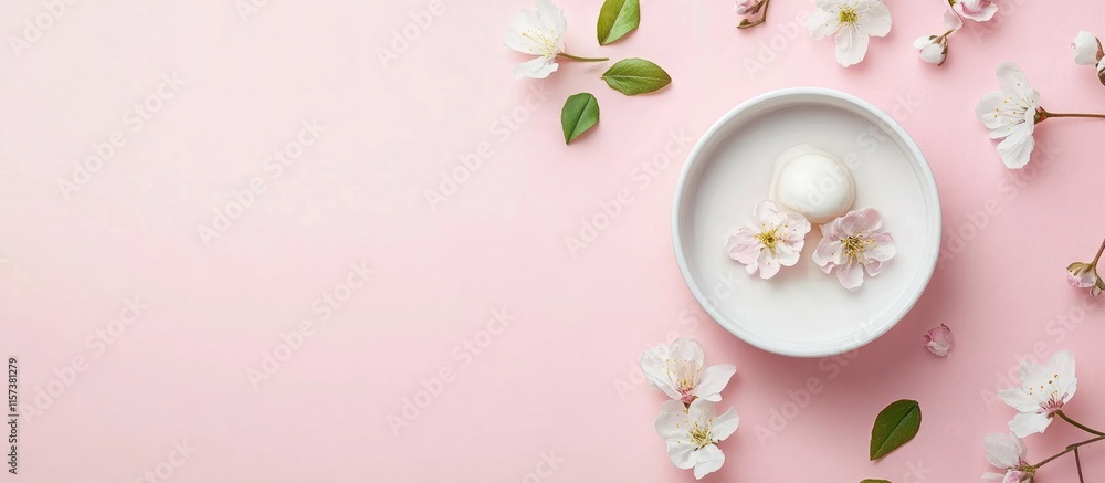 Gourmet food presentation with delicate flowers on a soft pink background ideal for wellness and culinary themed advertisements Gourmet food presentation with delicate flowers on a soft pink background ideal for wellness and culinary themed advertisements