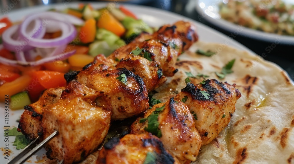 Savory Homemade Chicken Kebabs Served with Fresh Flatbread and Colorful Vegetables on a Rustic Plate Savory Homemade Chicken Kebabs Served with Fresh Flatbread and Colorful Vegetables on a Rustic Plate